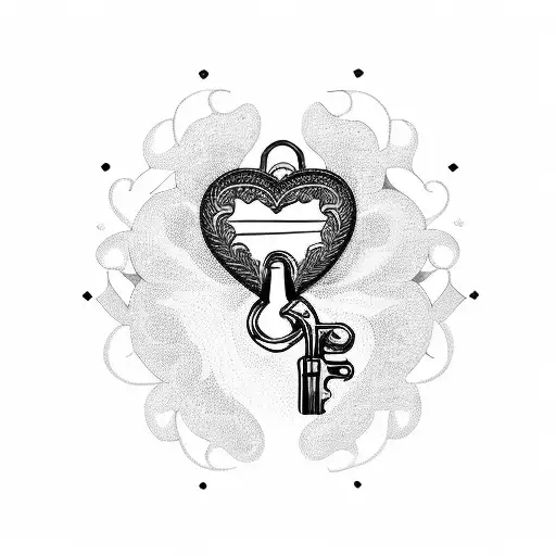 A heart-shaped lock and key with religious symbols intertwined tattoo design idea