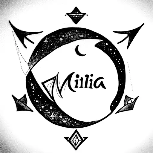 A tattoo, minamilist style, including the aquarius constellation, a rocket, the moon and the word 'elijah'  tattoo design idea