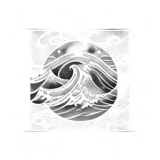 Ocean Wave  outline with space objects above tattoo design idea