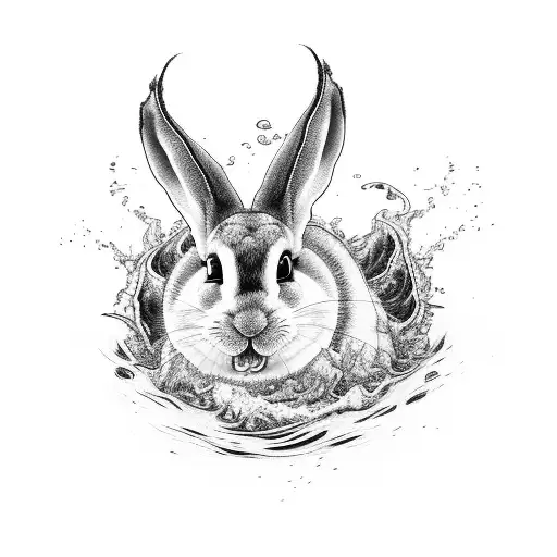A black-grey tattoo of Bad Bunny surrounded by water waves tattoo design idea