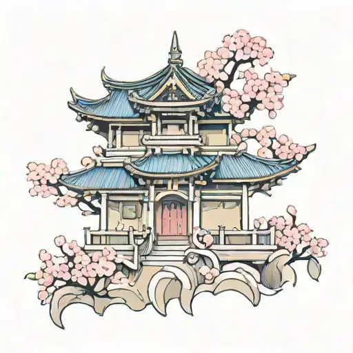 japanese cherry blossom temple  tattoo design idea
