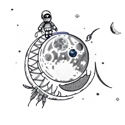 Dreamcatcher Cresent moon with little astronauts sitting on moon reading tattoo design idea