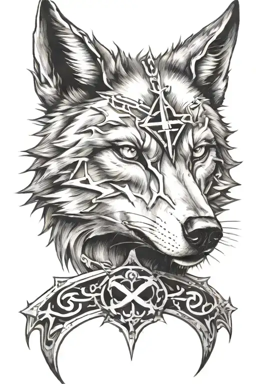 Wolf with a cross in his left eye with a heart surrounded by a crown of thorns tattoo design idea