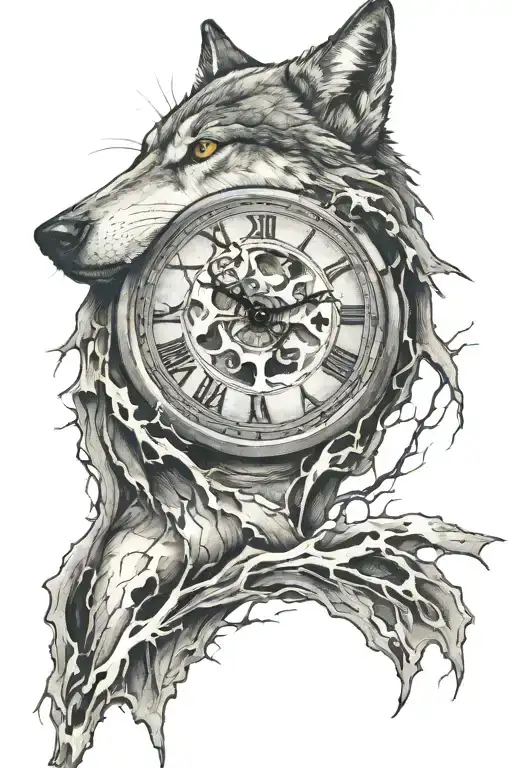 cracked clock with a wolf and moon tattoo design idea