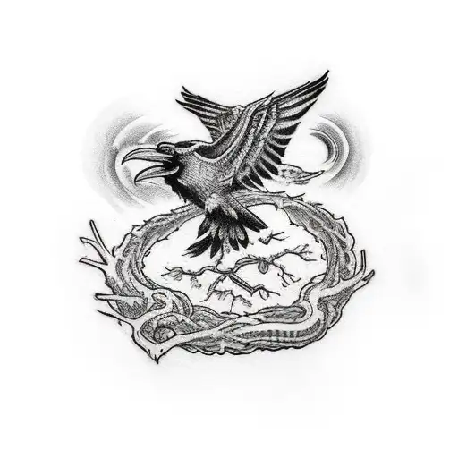 raven flying out of the branches of yggdrasil and a world serpent curling in the roots tattoo design idea