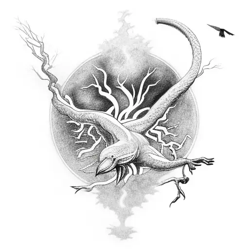 raven flying out of the branches of yggdrasil and a world serpent curling in the roots tattoo design idea