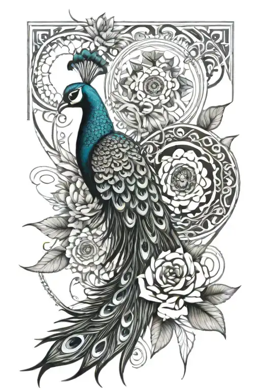 Geometric "Peacock Feather, Mum Flower, Pair Of..." Tattoo Idea