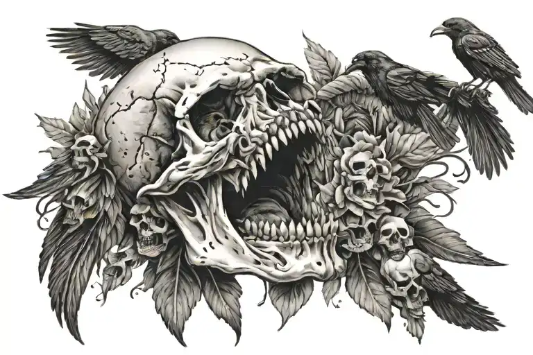 skull with mouth open with detailed shading and crows tattoo design idea