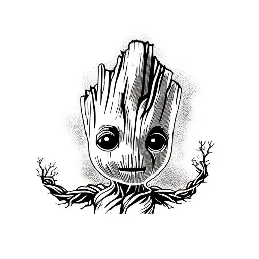 baby groot with norse tree tattoo design idea