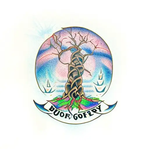 baby groot with the norse tree of life tattoo design idea