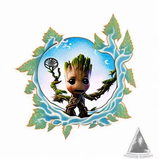 baby groot with the norse tree of life tattoo design idea