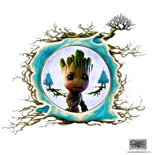 baby groot with the norse tree of life tattoo design idea