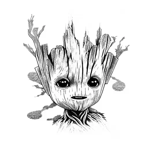 baby groot in a viking style with the norse tree tattoo design idea