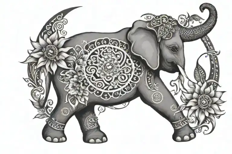 feminine elephant flowers tribal moon and sun  tattoo design idea