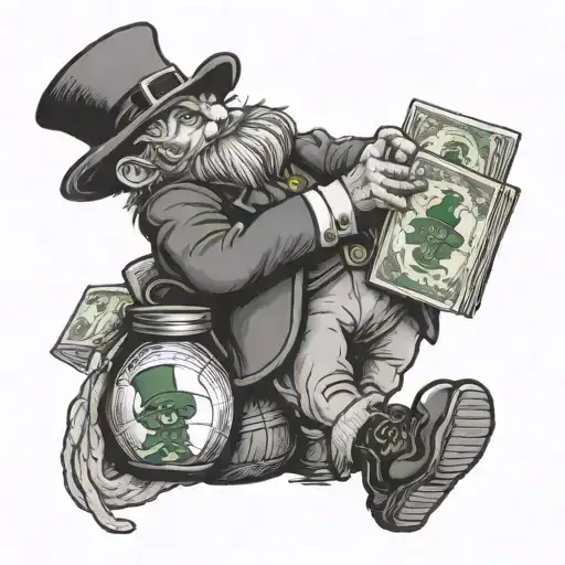 A black-grey tattoo of a leprechaun holding a football and a bag of money, with a pot of gold in the background tattoo design idea