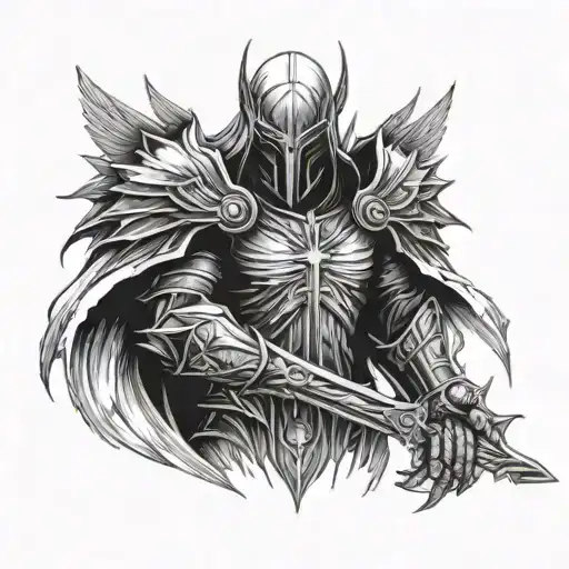angel tyrael  seen from the front holding a sword with both hands tattoo design idea