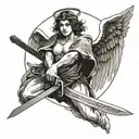 angel seen from the front holding a sword with both hands tattoo design idea
