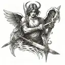 angel seen from the front holding a sword with both hands tattoo design idea