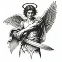 angel seen from the front holding a sword with both hands tattoo design idea