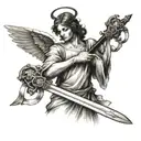 angel seen from the front holding a sword with both hands tattoo design idea