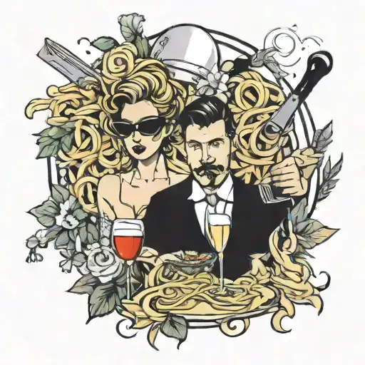 pasta, prosecco, crime tattoo design idea
