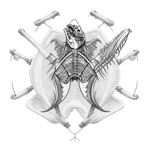 An orthopaedic surgeon operating on a skeletal fish, with a tribal design inspired by Trinidadian culture tattoo design idea