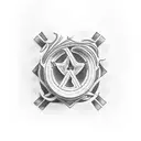 apha Omega simbol inside a rounded laurel wreath tattoo design idea