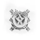 apha Omega simbol inside a rounded laurel wreath tattoo design idea