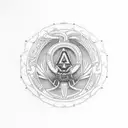 apha Omega simbol inside a rounded laurel wreath tattoo design idea