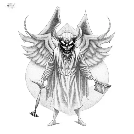 Sinister demon holding a scale of justice in a terror-filled courtroom tattoo design idea