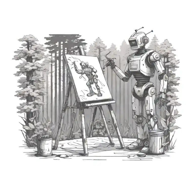 Robot artist stands in the forest and paints on a large canvas.  tattoo design idea