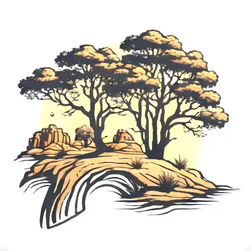 tree silhouette filled desert landscape tattoo design idea