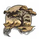 tree silhouette filled desert landscape tattoo design idea