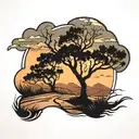 tree silhouette filled desert landscape tattoo design idea