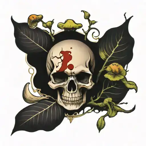 skull and mushroom growing tattoo design idea