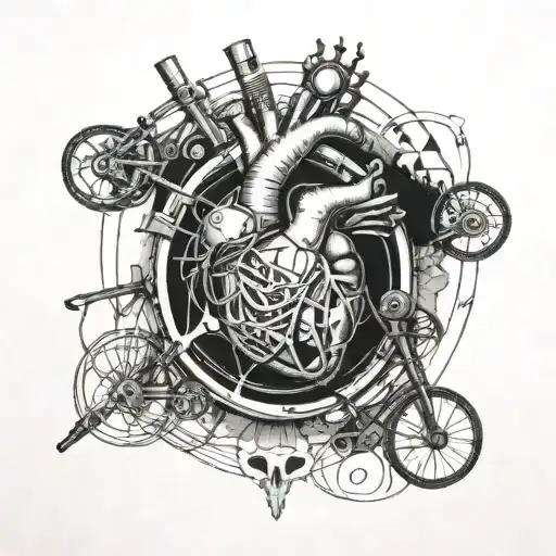 bicycle wheel , anatomic heart, heart attack, life,  tattoo design idea
