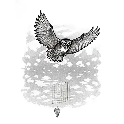 owl flying over a lake with a duck floating in water tattoo design idea