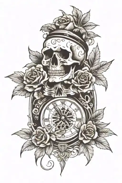 skull and timepiece and roses surrounded tattoo design idea