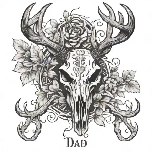 A detailed tattoo of a deer skull with the words 'In memory of Dad and Grandpa' intertwined with antlers, representing your dedication to your family and deer hunting tattoo design idea