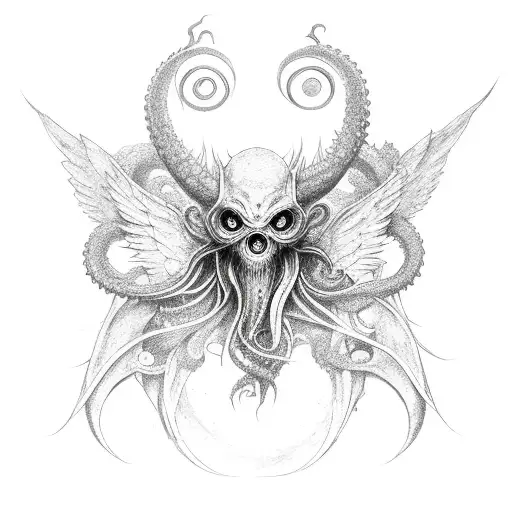 cthulu with body and wings emerging from the shadows tattoo design idea
