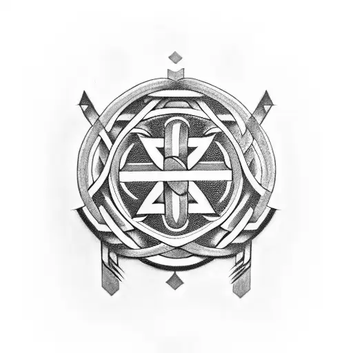 A black-grey tattoo featuring a Greek symbol intertwined with a biological structure tattoo design idea