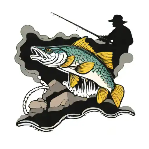 A colorful and intricate design of a fisherman reeling in a walleye fish, with the rapids and rocks in the background tattoo design idea