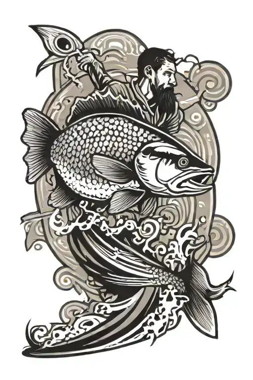 A colorful and intricate design of a fisherman reeling in a walleye fish, with the rapids and rocks in the background tattoo design idea