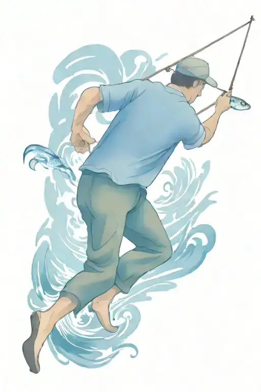 A colorful and intricate design of a fisherman reeling in a walleye fish, with the rapids and rocks in the background tattoo design idea