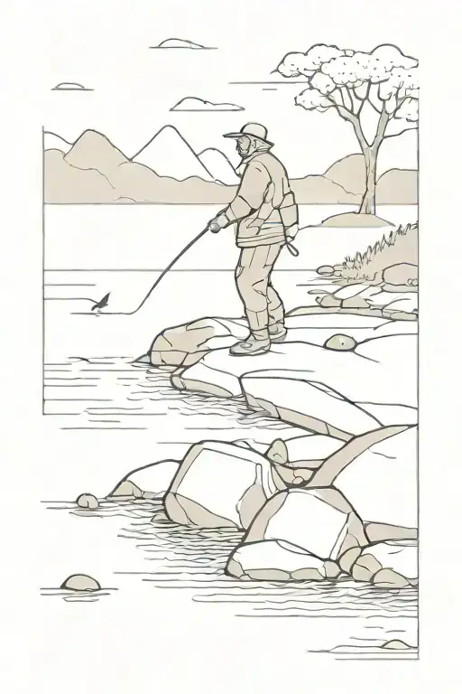 A fisherman standing on a rocky shore, casting for fish in a fast-moving river filled with trout tattoo design idea