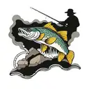 A colorful and intricate design of a fisherman reeling in a walleye fish, with the rapids and rocks in the background tattoo design idea