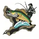 A colorful and intricate design of a fisherman reeling in a walleye fish, with the rapids and rocks in the background tattoo design idea