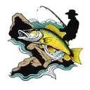 A colorful and intricate design of a fisherman reeling in a walleye fish, with the rapids and rocks in the background tattoo design idea