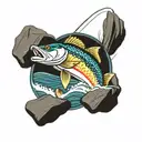 A colorful and intricate design of a fisherman reeling in a walleye fish, with the rapids and rocks in the background tattoo design idea