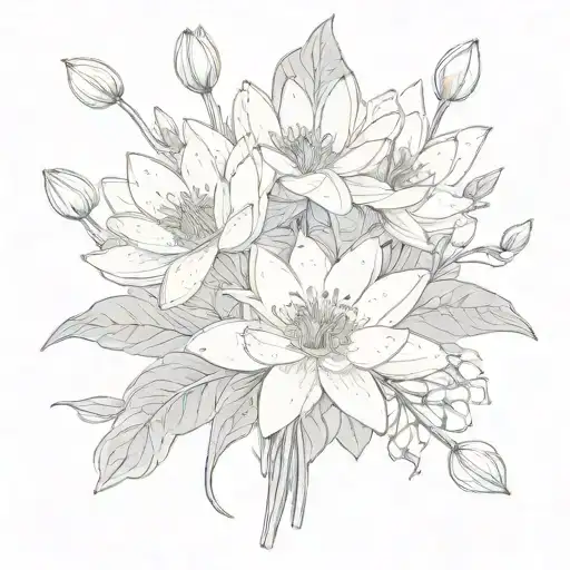 water lily, holy ivy, snowdrop flowers bouquet small with a bee tattoo design idea